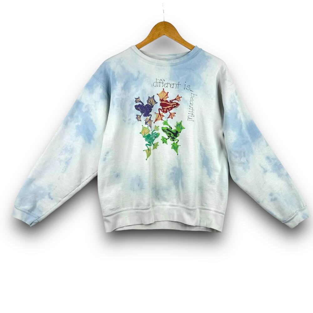 Vintage Tie Dye Graphic Sweatshirt Different is Beautiful Colorful Frogs Large